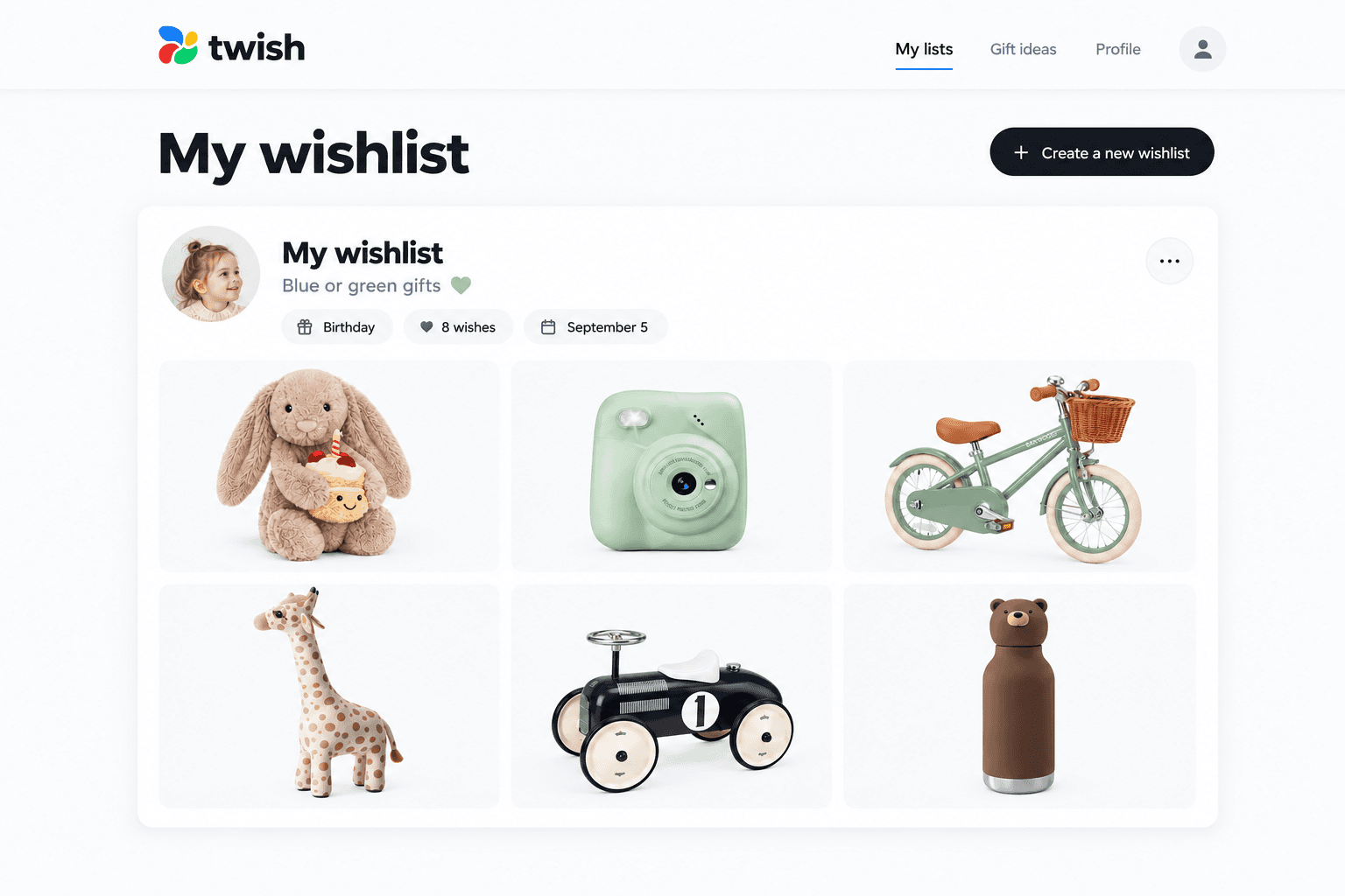 A screenshot of a Twish wishlist page showing product cards for gift ideas