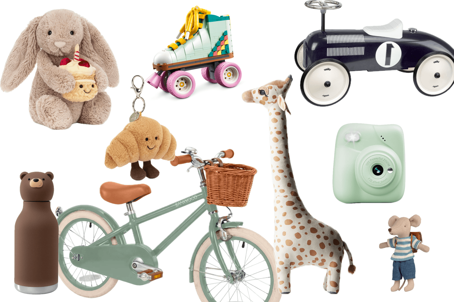 A flat-lay collage of kids' gift ideas, including a plush toy, a bicycle, a toy car and a camera
