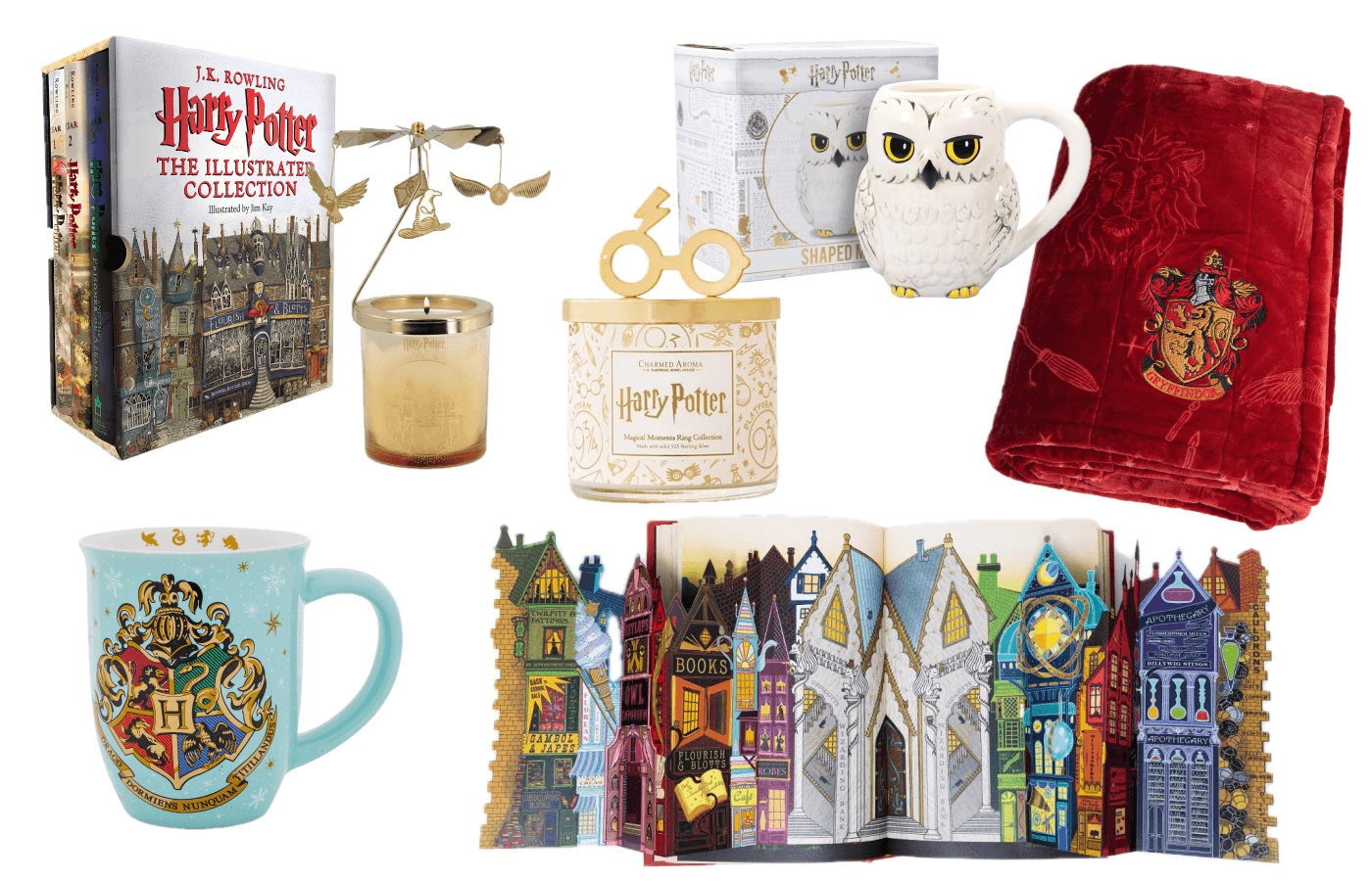 Cozy Harry Potter gifts: an illustrated book box set, candles, an owl mug, a Hogwarts mug, a red blanket and a pop-up Diagon Alley book
