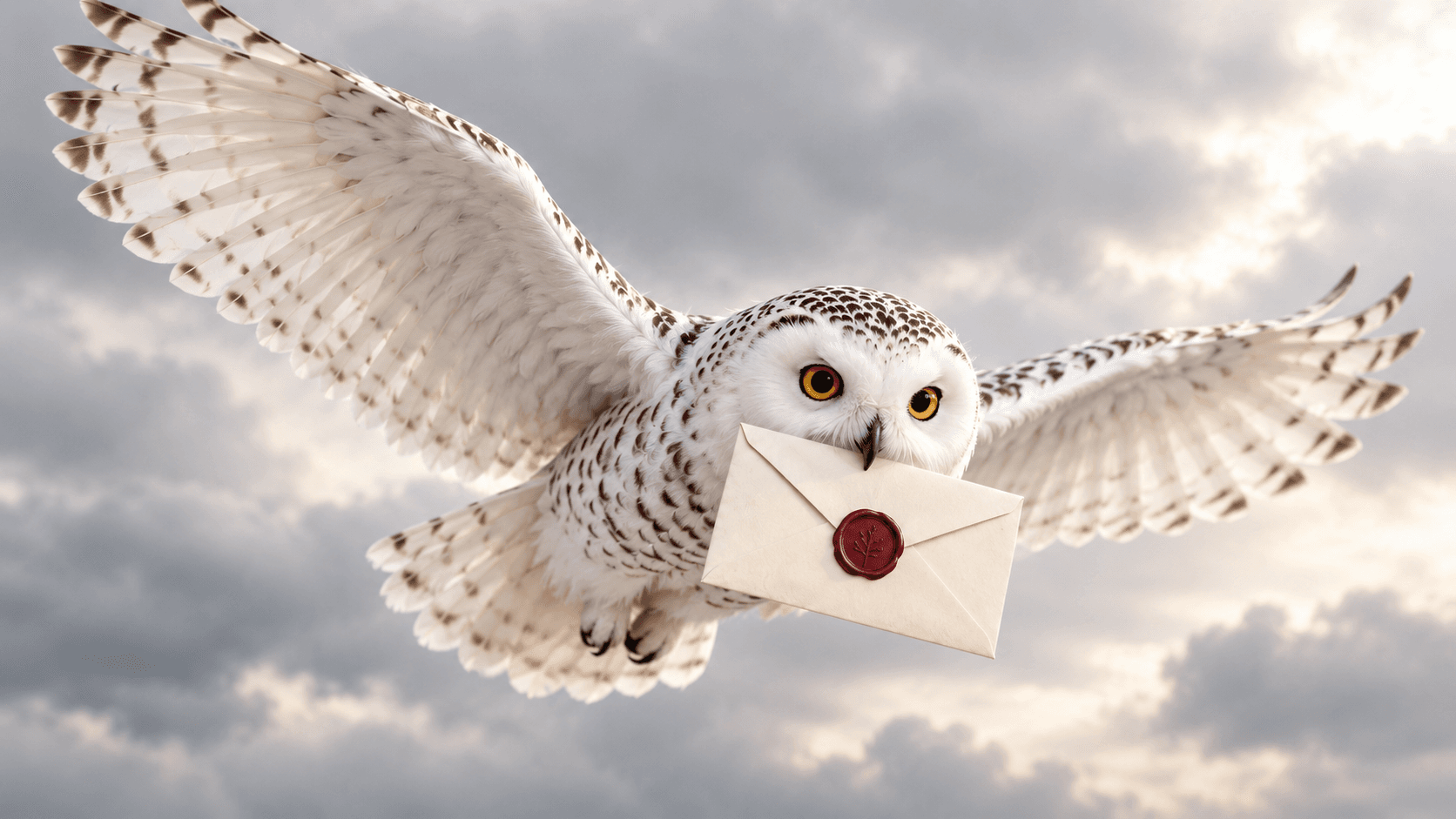 A snowy owl in flight carrying a cream envelope sealed with red wax
