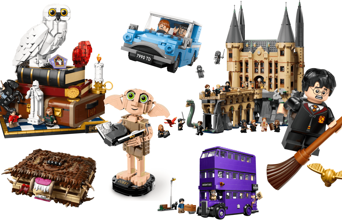 Harry Potter LEGO sets including the Hogwarts castle, Hedwig, Dobby, the Knight Bus and the flying Ford Anglia