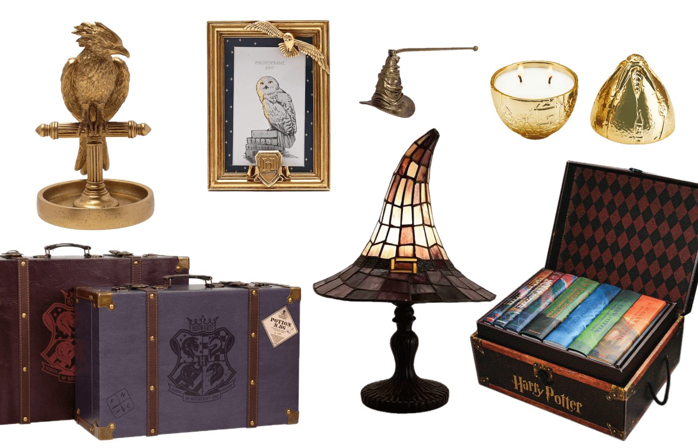 Harry Potter inspired decor: a phoenix ring dish, an owl photo frame, a stained glass witch hat lamp, golden candles, travel trunks and a boxed book set