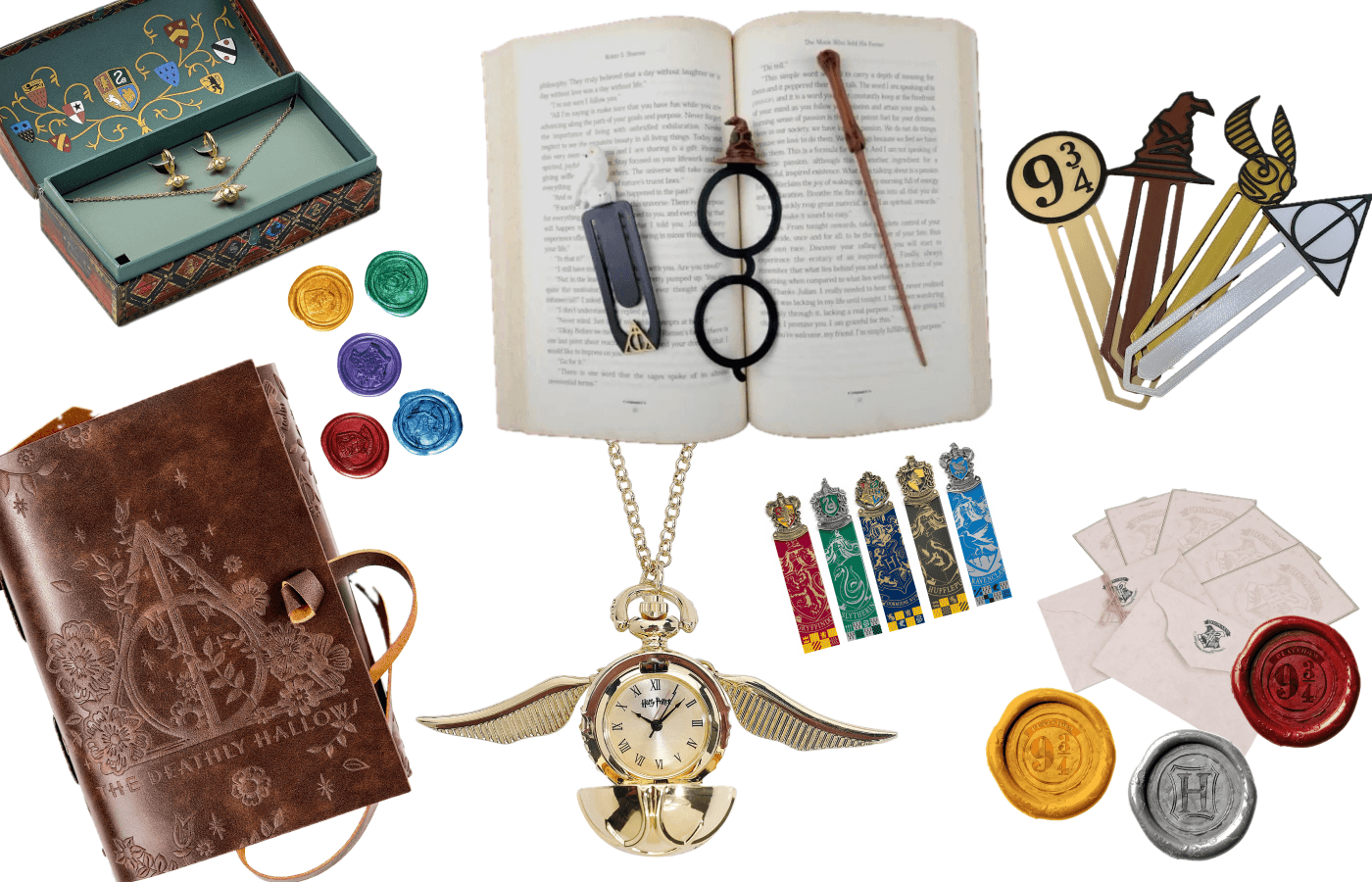 Subtle Harry Potter gifts: a golden snitch pocket watch, a leather journal, bookmarks, wax seals, jewellery and a wand on an open book