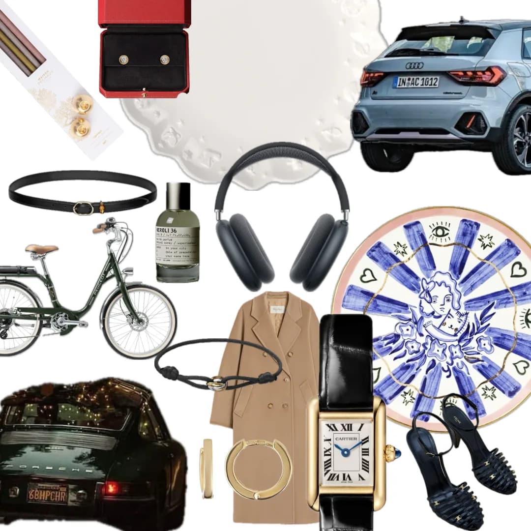 A flat-lay collage of gift ideas, including a bicycle, headphones, a watch and jewellery