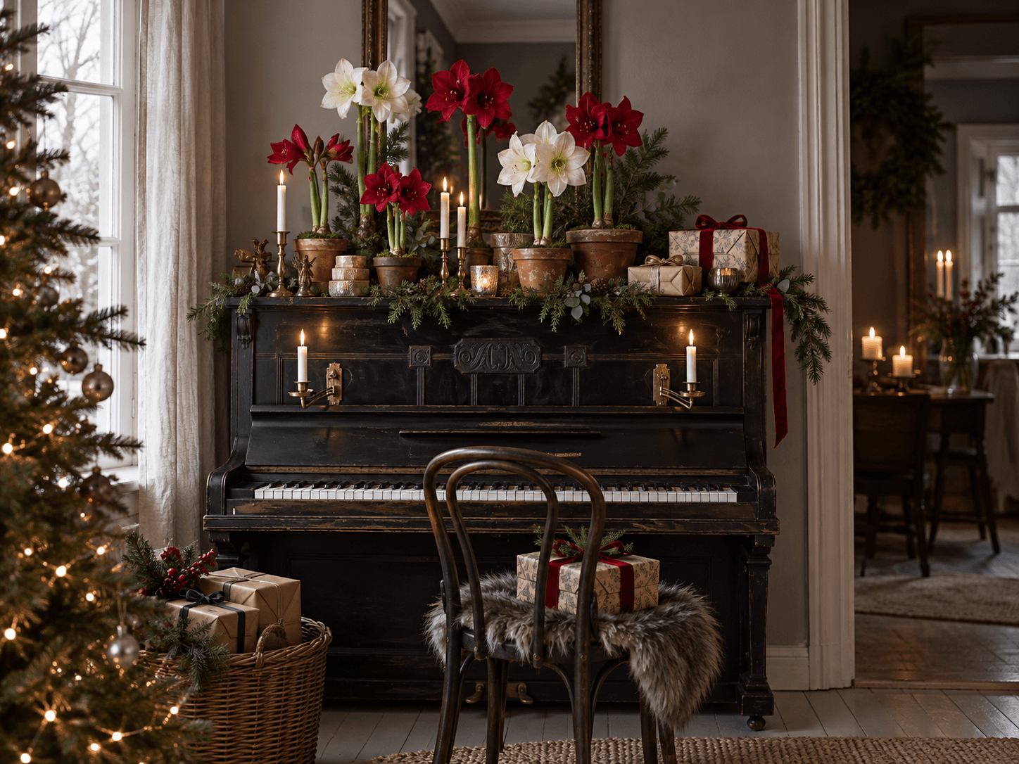 Christmas gifts in a warm holiday interior beside a vintage piano