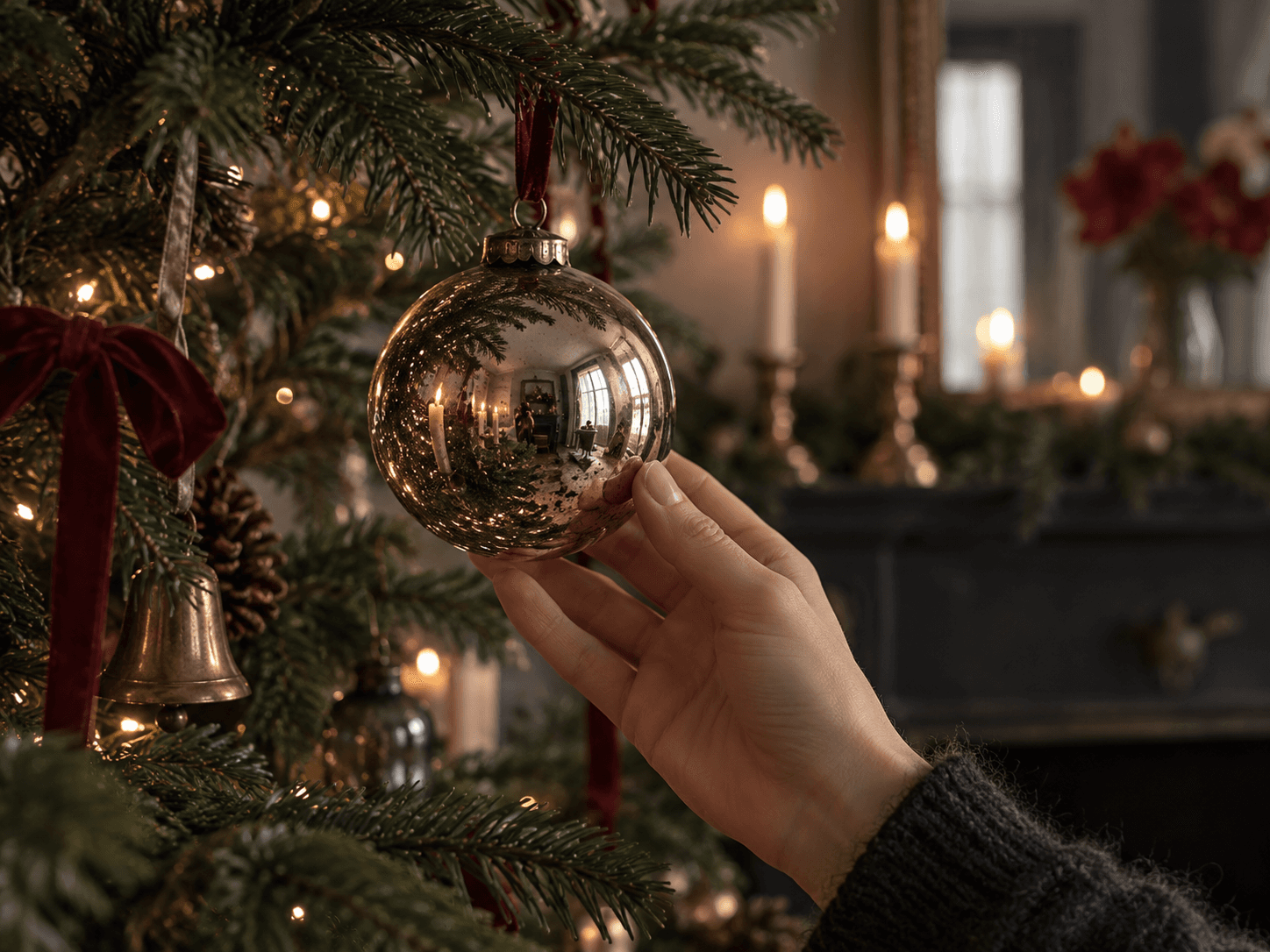 Hand holding a reflective Christmas bauble on a decorated tree