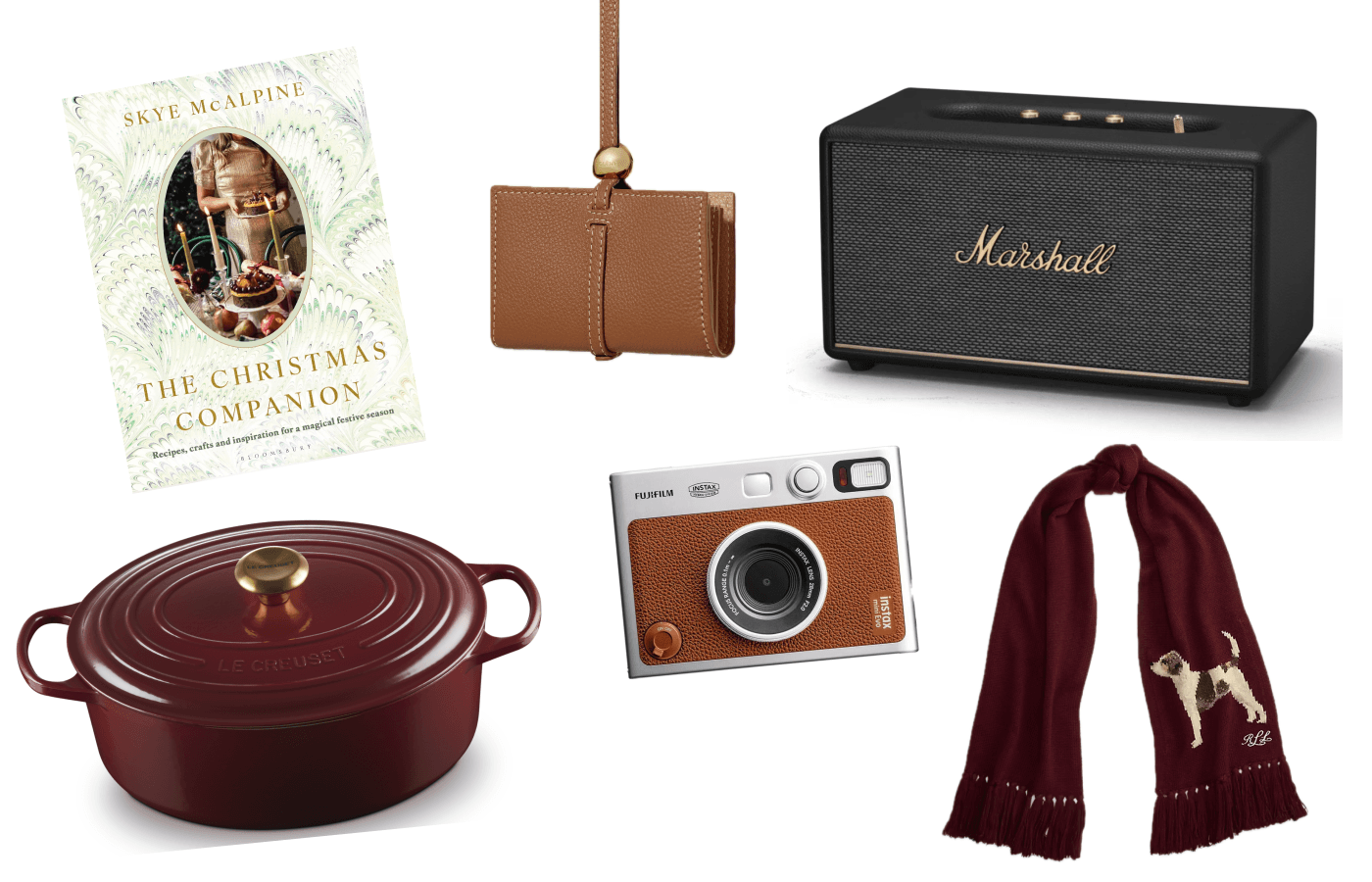 Gifts for someone's favourite things: a Christmas cookbook, a camel leather card holder, a black Marshall speaker, a burgundy oval casserole, a brown instant camera and a burgundy scarf with a terrier