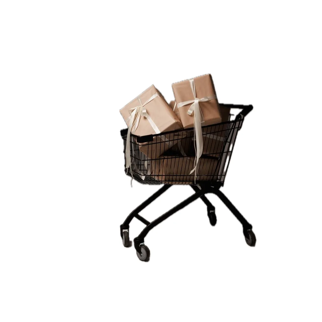 A shopping cart filled with wrapped gifts