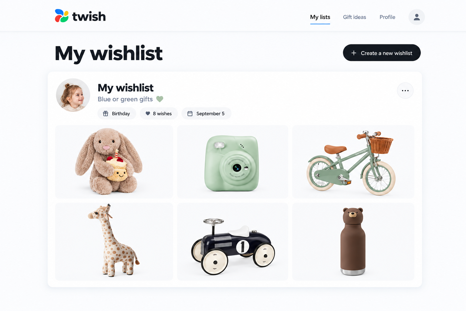 A screenshot of a Twish wishlist page showing product cards for gift ideas