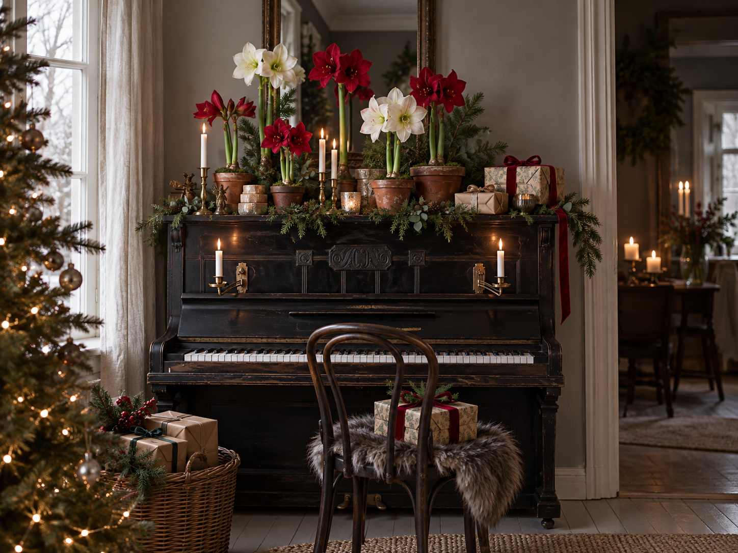 Christmas gifts in a warm holiday interior beside a vintage piano