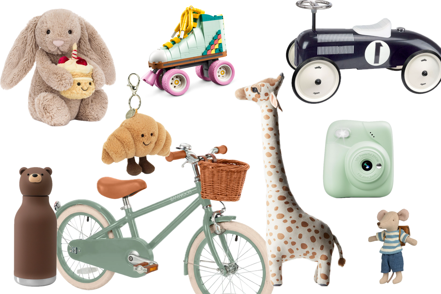 A flat-lay collage of kids' gift ideas, including a plush toy, a bicycle, a toy car and a camera