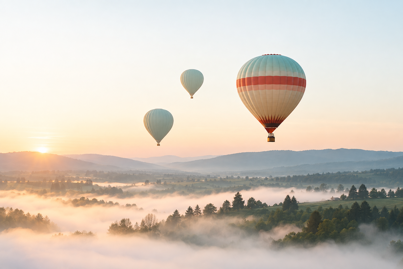 Hot air balloons rising over a misty valley at sunrise
