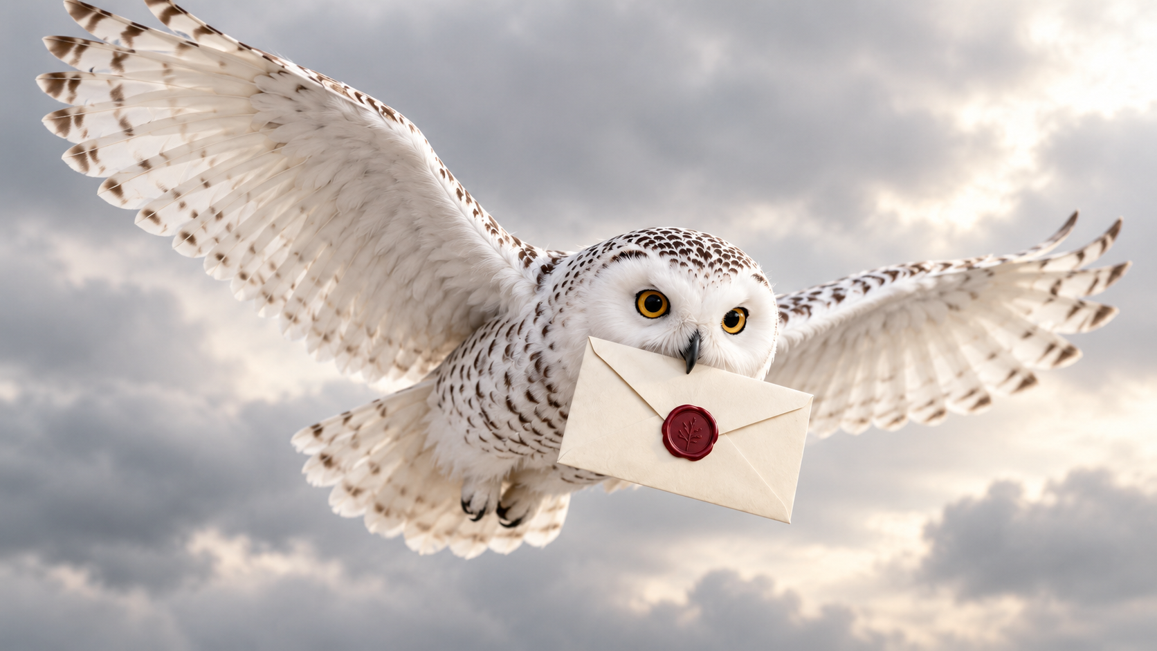 A snowy owl in flight carrying a cream envelope sealed with red wax