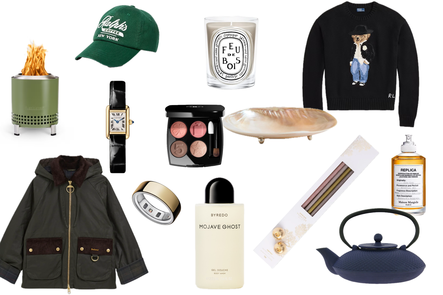 A flat-lay collage of varied gift ideas, including a candle, a watch, a ring and a jacket
