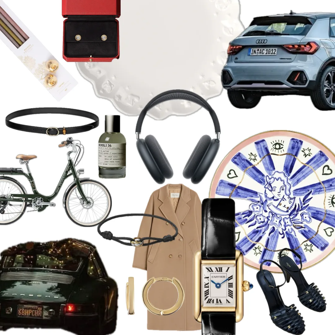 A flat-lay collage of gift ideas, including a bicycle, headphones, a watch and jewellery